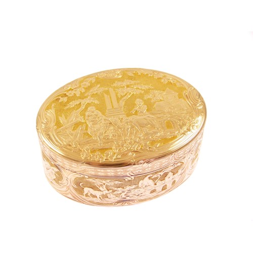 18th century German chased oval gold box by Freres Souchay, Hanau c.1760,